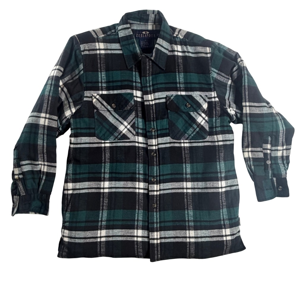Zeelander Mens L Green Black Plaid Quilted Lined Flannel Shirt Jacket